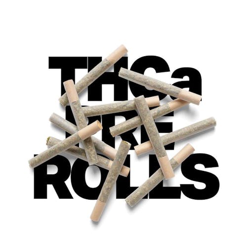 "THCa PRE ROLLS" in large black all-caps text over a white background with a pile of hemp pre-rolls scattered on top