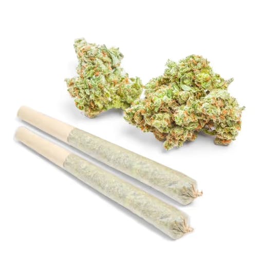 Two hemp pre-rolls sit next to THCA flower nugs against a white background