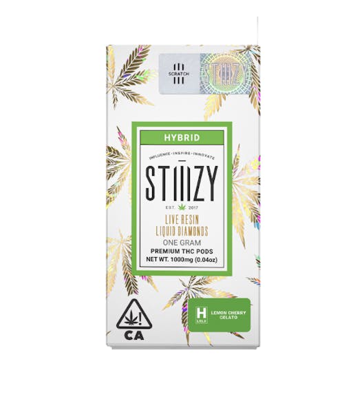 Packaging of Stiiizy Lemon Cherry Gelato Liquid Diamonds Live Resin Pod, from one of the best weed brands in California.