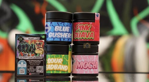 Synergy cannabis flower brand in New York blue gushers pink guava sour headband
