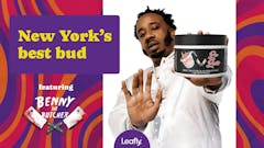 Benny The Butcher shows off Benny's Batch by Rec Roots, one of New York's hottest cannabis brands. (courtesy of Rec Roots)