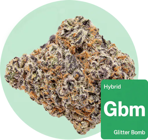 Glitter Bomb cannabis bud with strain tile