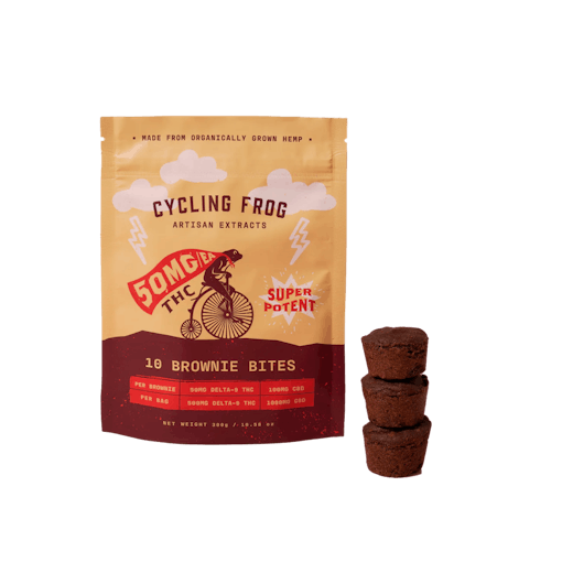 Cycling frog's chocolate brownie bites packaging and three brownies image