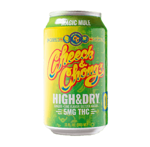 A can of high and dry THC -Seltzer in the Magic Mule taste from Cheech & Chong. A lime green and yellow can against a white background.