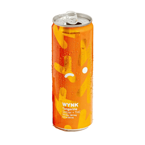 A bright orange, glittering can Wynk THC Seltzer in the mandarin taste against a white background.