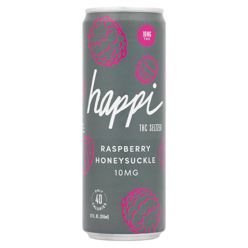 A gray can with pink raspberry illustrations and white text by Happi. This 10 -MG -THC -Seltzer -socket is Raspberry -Gißblattgastfastfaste.