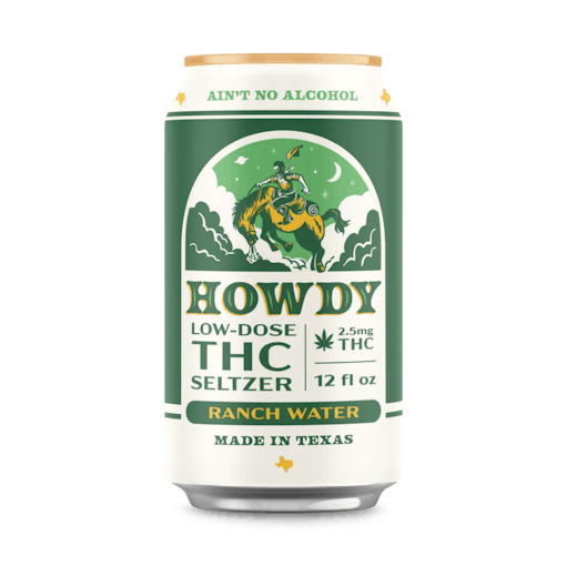 A white and green can with low-dose THC-Seltzer with a cowboy illustration.