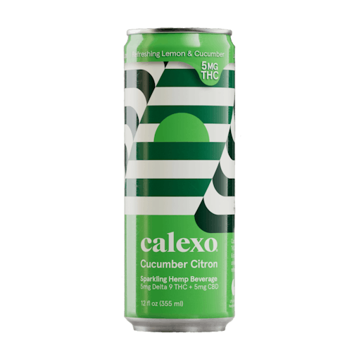 A green and white horizontal can cucumber citric THC Selzer from Calexo.