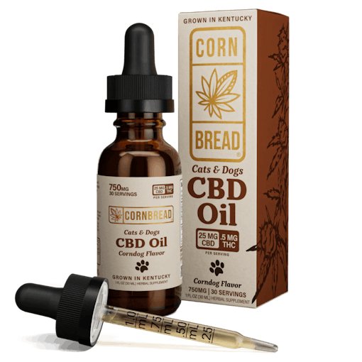 The best CBD for dogs in an oil tincture format from Cornbread Hemp, pictured here with the bottle, dropper, and packaging
