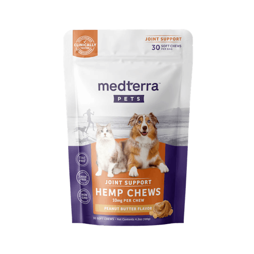A white and purple bag of Pet Hemp Joint Support Chews from Medterra