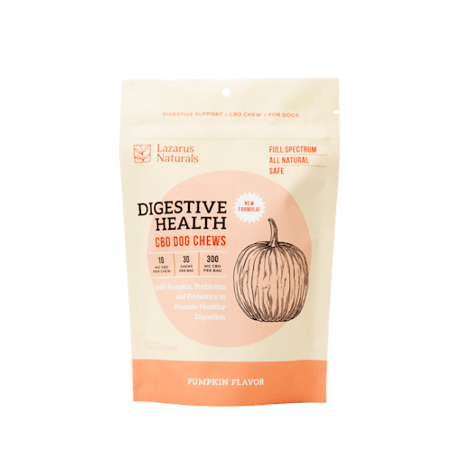 A light-orange, resealable pouch bag of Digestive Health CBD Dog Chews in Pumpkin flavor from Lazarus Naturals