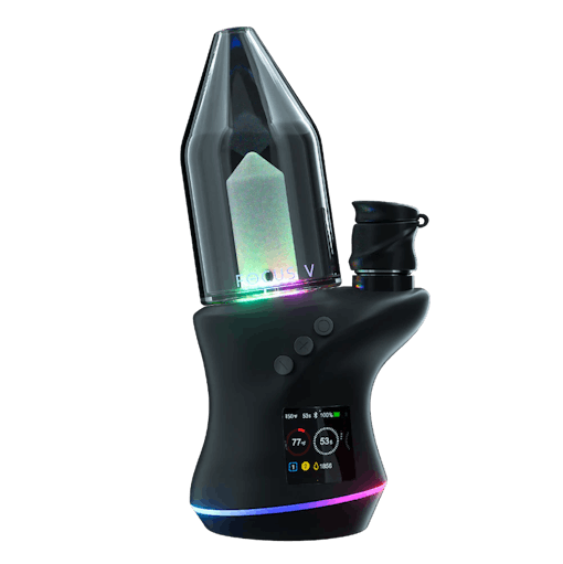 The Carta 2 electric dab rig from Focus V sit against a white background, with rainbow-colored lights illuminating its base and chamber. One of our best dab rigs of 2025.