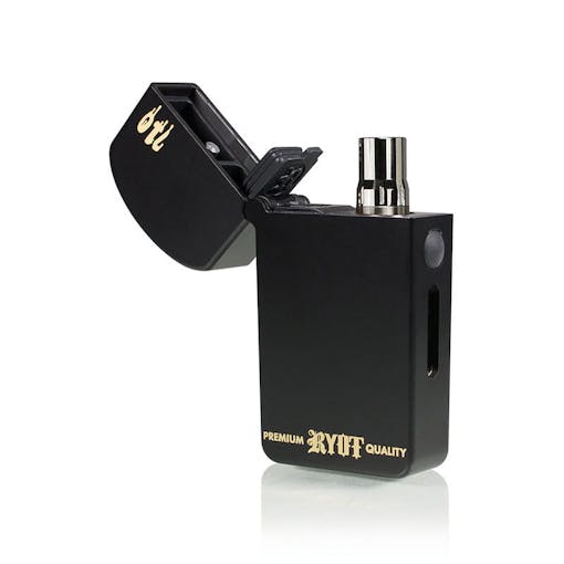A black RYOT VERB 710 FLIP 510 battery / mini dab rig that looks like a zippo lighter, one of our best dab rigs of 2025.