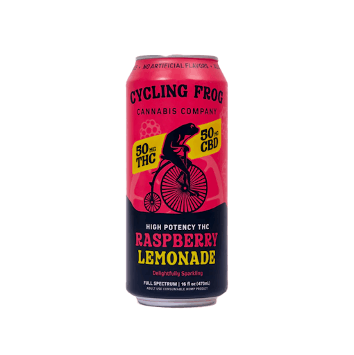 A pink and yellow can of raspbery lemonade THC beverage from Cycling frog sits against a white background, one of our best products for July 4th weekend