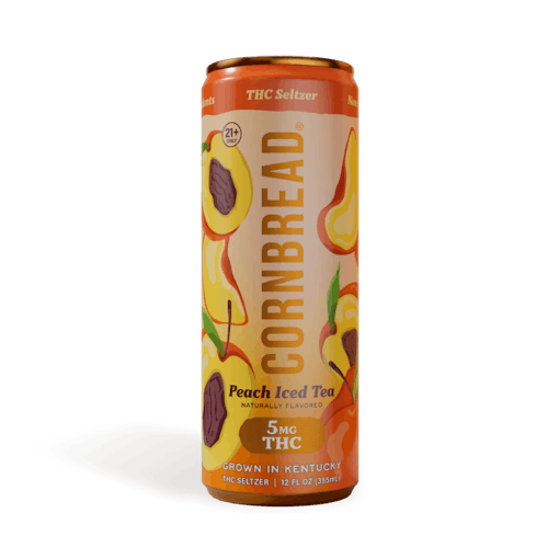 An orange can with illustrations of half-cut peaches with a logo showing Cornbread and the product name Peach Iced Tea sits against a white background, one of our best products for July 4th weekend