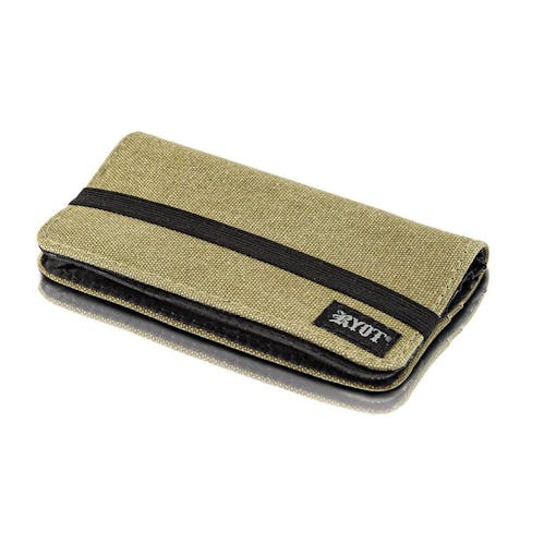 A small, olive-colored wallet sits flat as if laying on a table against a white background, showing a small RYOT logo patch sowed on. One of our best products for July 4th weekend.