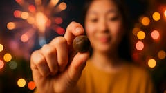 A single hand holds a small, round hash ball close to the camera in sharp focus, while a softly blurred figure of an female creator is visible in the background amid warm, out-of-focus fireworks lighting up the night.”
