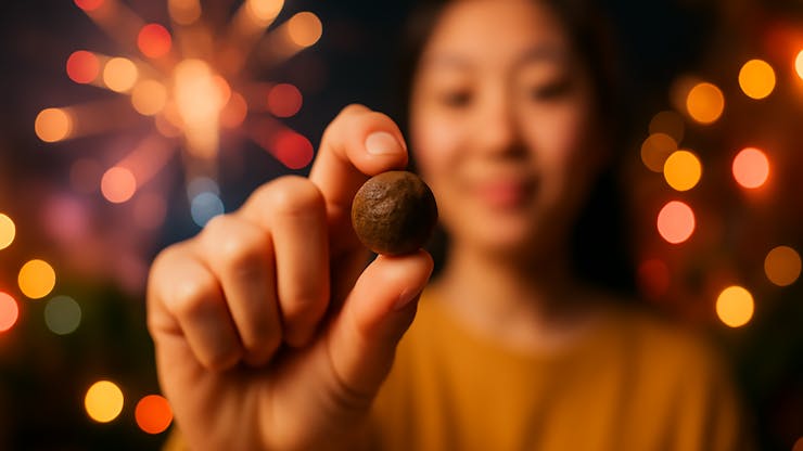 A single hand holds a small, round hash ball close to the camera in sharp focus, while a softly blurred figure of an female creator is visible in the background amid warm, out-of-focus fireworks lighting up the night.”