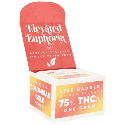 An open, orange and yellow package of Colombian Gold THCA Live Badder from Plain Jane sits against a white background, one of our picks for the best THCA concentrates of 2025