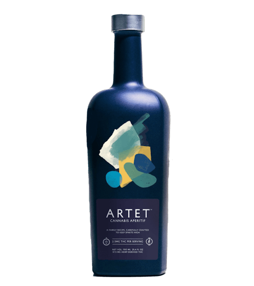 A large, dark blue bottle of Artet THC Aperitif sits against a white background, one of our 10 best THC drinks