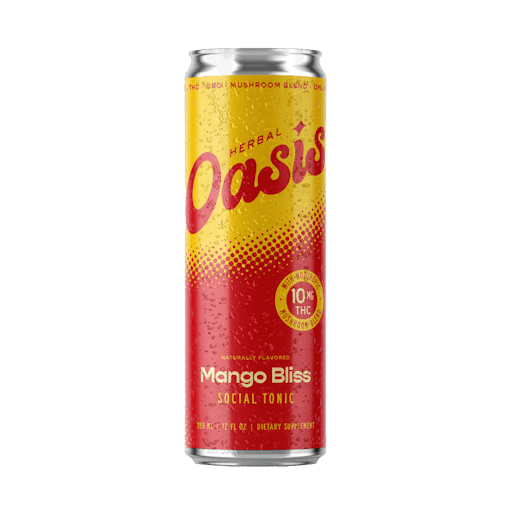 A red and yellow can of Herbal Oasis Mango Bliss THC Social Tonic sits against a white background, one of our 10 best THC drinks