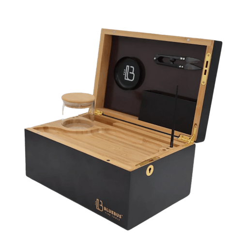 One of our best stash boxes of 2025, the Genesis 3.0 Storage Box is featured here against a white background, with it's lid open, positioned at a quarter left turn from the camera