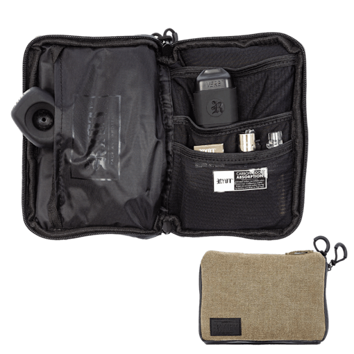 An open RYOT PackRatz stash pack sits against a white background, displaying small-sized cannabis accessories tucked into its various mesh pockets. Underneath it sits a closed view of the same bag in an olive color. One of our picks for the best back-to-school weed products of 2025.