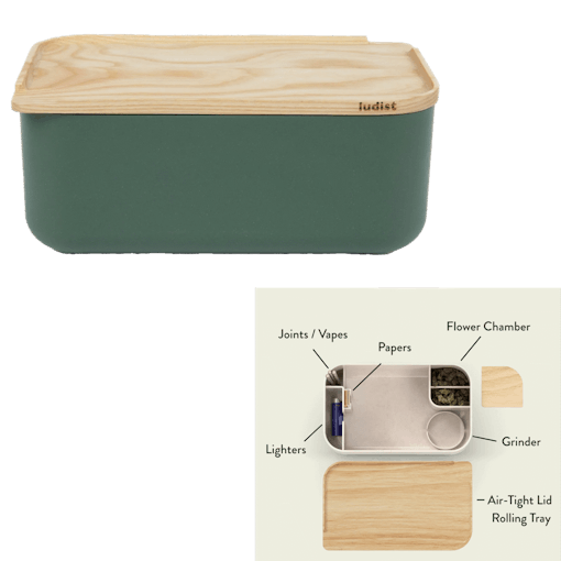 An olive green colored Ludist stash box sits against a white background with an infographic beneath it breaking down how the open box stores specific cannabis accessories like papers and flower in inner comparments. The Ludist box is one of our picks for the best back-to-school weed products of 2025.