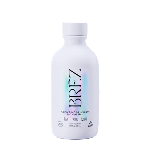 A single 50ml shot bottle of BREZ THC + functional mushrooms drink sits against a white background. One of our picks for the best back-to-school weed products of 2025, the BREZ shot is within a white bottle with green and purple highlights over the brand name