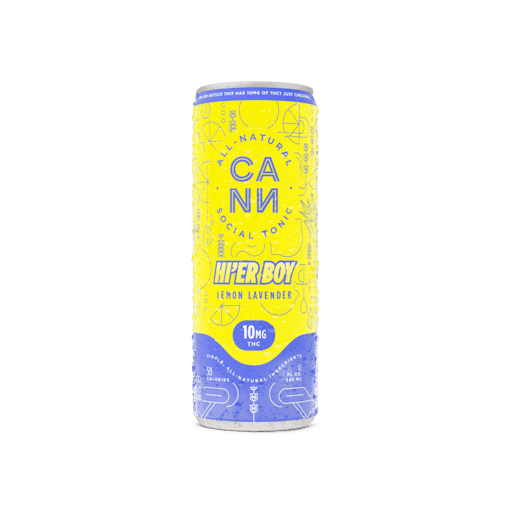 A single can of Cann's Lemon Lavender Hi'Er Boy THC drink sits against a white background. The can is primarily a bright yellow, with purple on its rim and bottom fourth. The 10mg THC can is one of our picks for the best back-to-school weed products of 2025.