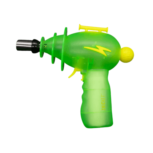 The THICKET SPACEOUT Lighter Lightyear torch is pictured here in Glow Lime against a white background. One of our picks for the best back-to-school weed products of 2025, this dab torch looks like something out of a classic spaceage cartoon.