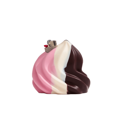 A lighter cover shaped to look like a single scoop of neapolitan ice cream sits against a white background. One of our picks for the best back-to-school weed products, the light cover holds a single bic lighter.