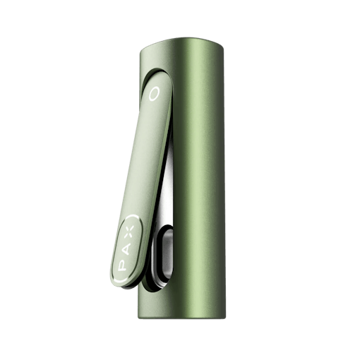 PAX's newest product, the FLOW VAPORIZER, sits against a white background with its filling chamber open. The handheld dry herb vaporizer is one of our picks for the best back-to-school weed products and is featured here in Greenstone.