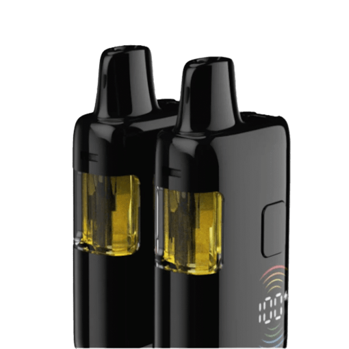 Two black plastic Lucky Elk THCA disposable vapes stand side-by-side against a white background. These new carts are one of our top picks for the best back-to-school weed products of 2025.