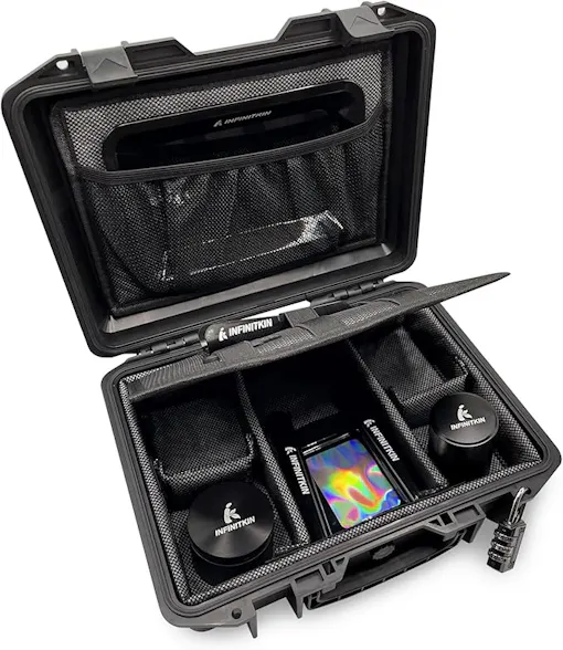 A waterproof stash box from Infinitkin sits open against a white background; one of Leafly's picks for the best stash boxes of 2026