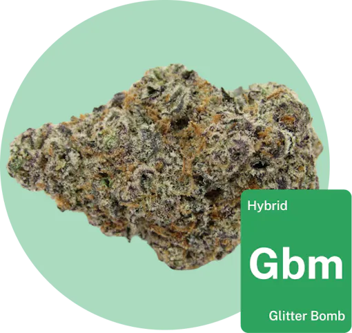 Glitter Bomb cannabis bud with strain tile